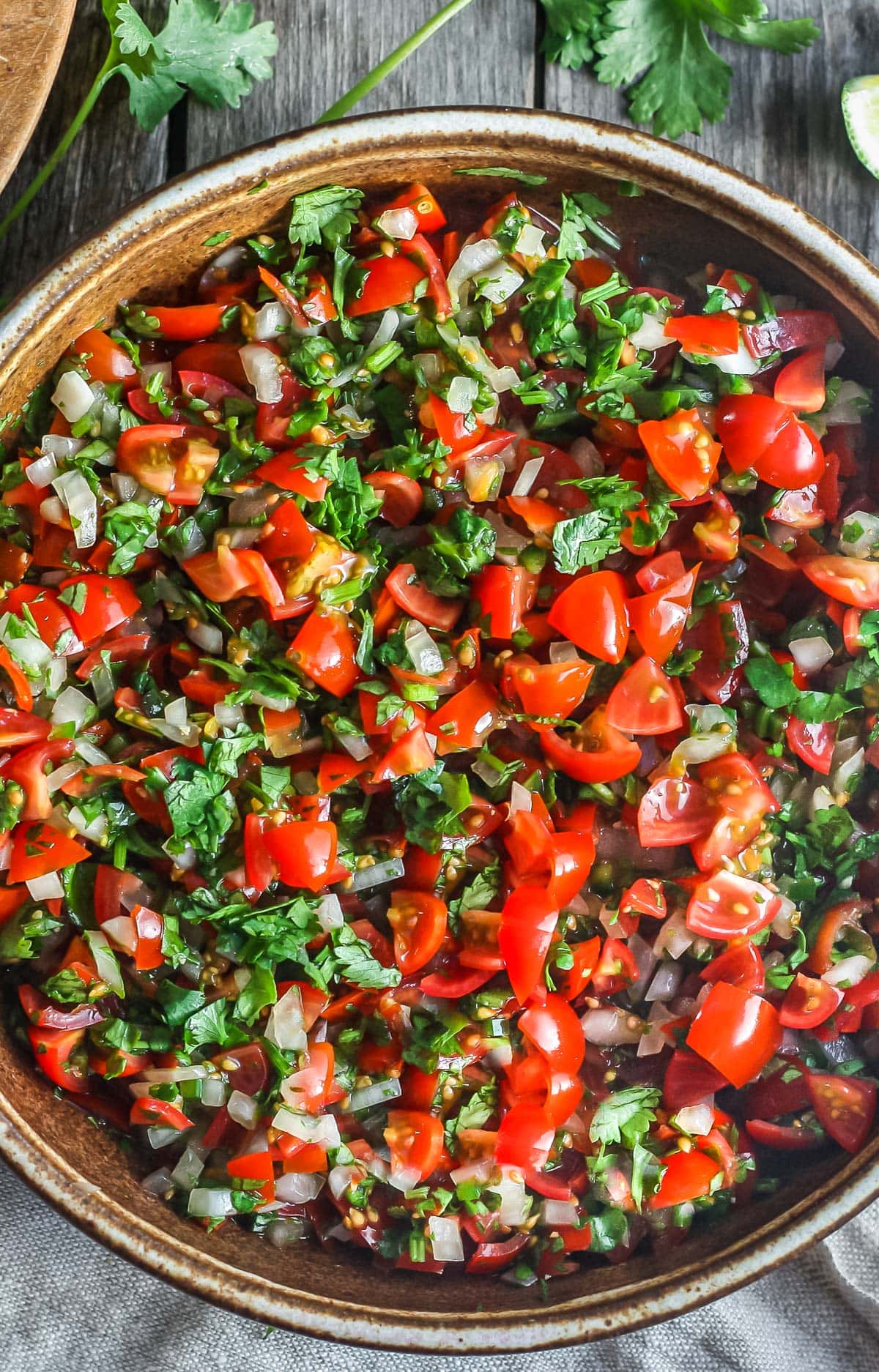 fresh pico de gallo with tomato, cilantro, and diced onion. 