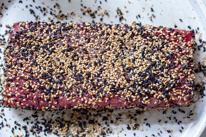 Coat the ahi in the sesame spice mix.