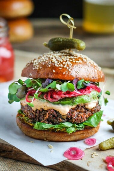Packed with nutritious ingredients, this Veggie Burger is full of delicious flavor and satisfying texture.  Great with a variety of toppings. Vegetarian and Gluten-free, Vegan-adaptable!