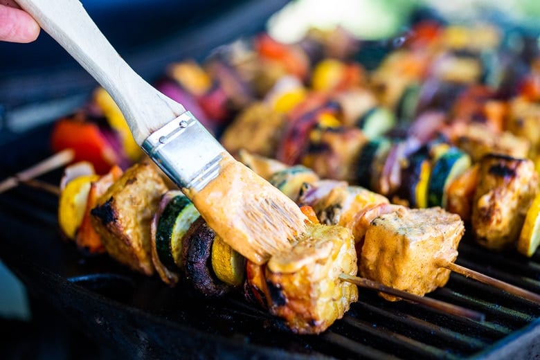 for the best flavor, baste the veggie kabobs with Harissa Yogurt on the grill