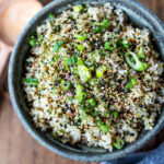 Seasoned Japanese Rice with Furikake, made with short grain rice, rice vinegar and scallions - a simple tasty side dish to serve with fish and meat, or in bowls. #rice #Japaneserice #furikake