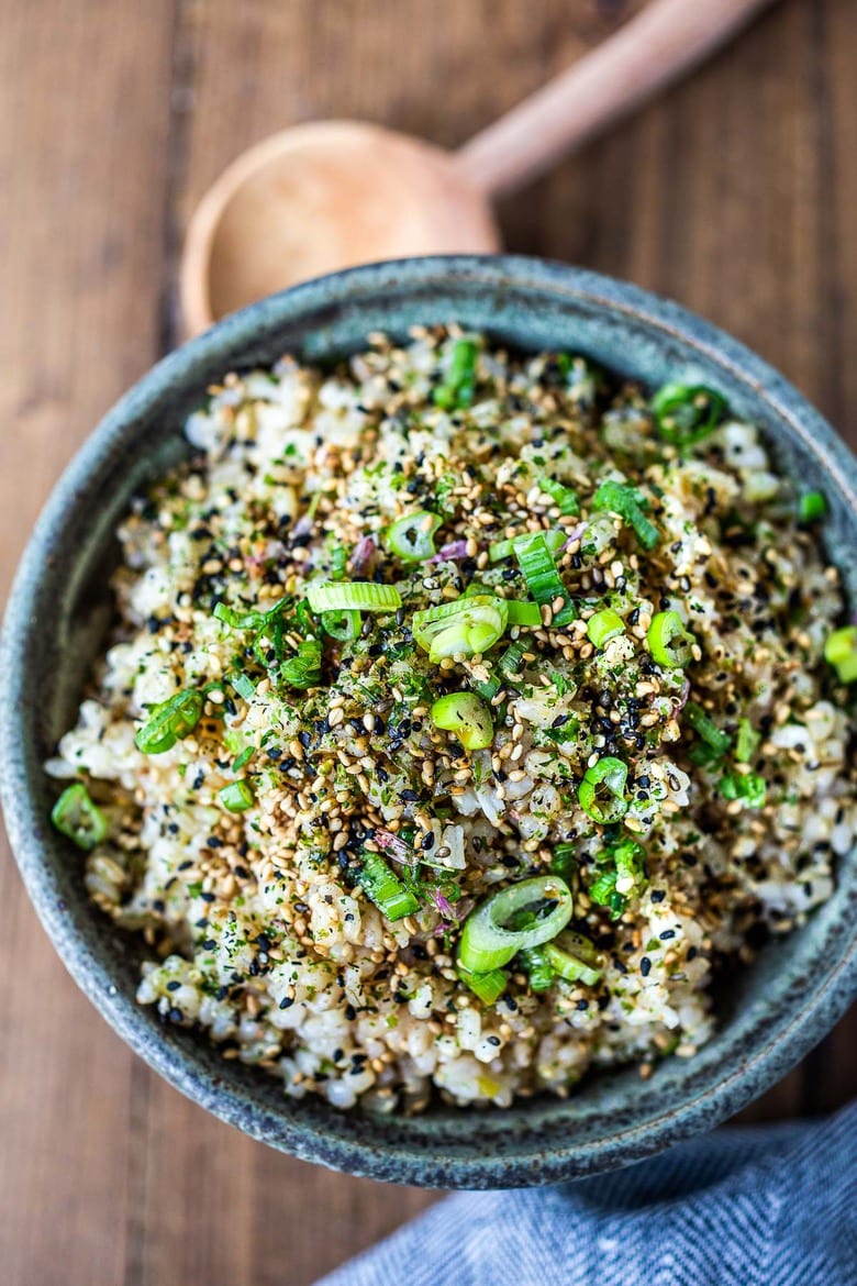 Japanese Rice made with short-grain brown rice and seasoned with rice vinegar, sesame oil, furikake, and scallions - a simple tasty side dish to serve with fish and meat, or in bowls.
