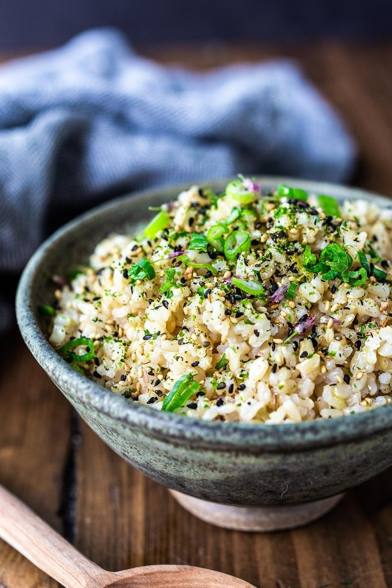Japanese Rice made with short-grain brown rice and seasoned with rice vinegar, sesame oil, furikake, and scallions - a simple tasty side dish to serve with fish and meat, or in bowls.