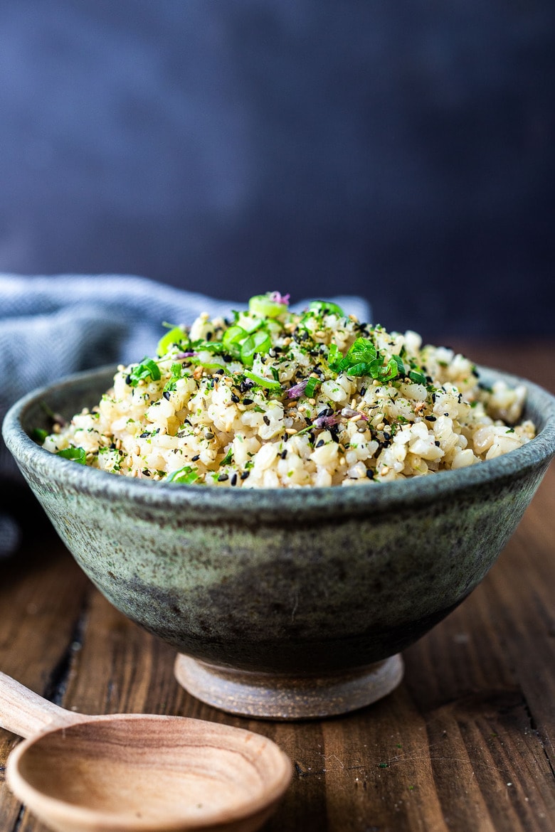 Japanese Rice made with short-grain brown rice and seasoned with rice vinegar, sesame oil, furikake, and scallions - a simple tasty side dish to serve with fish and meat, or in bowls.