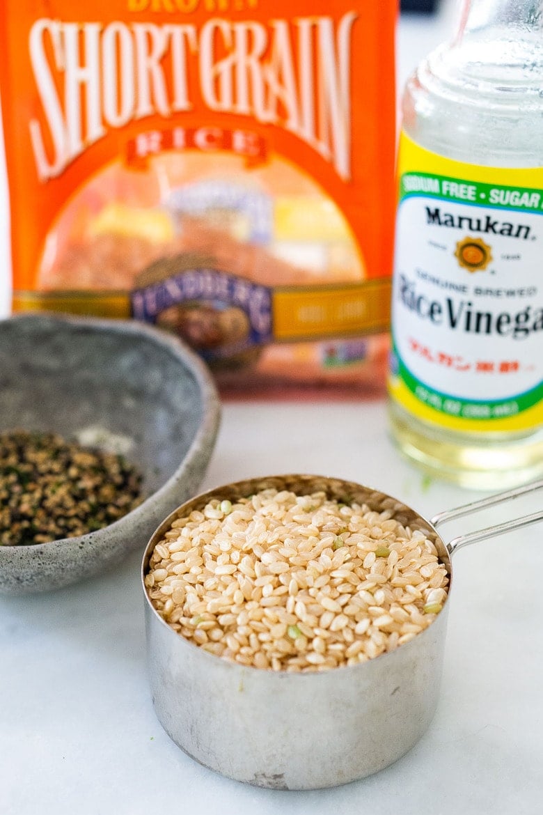 Ingredients in Japanese rice- short grain rice, rice vinegar, Furikake and scallions