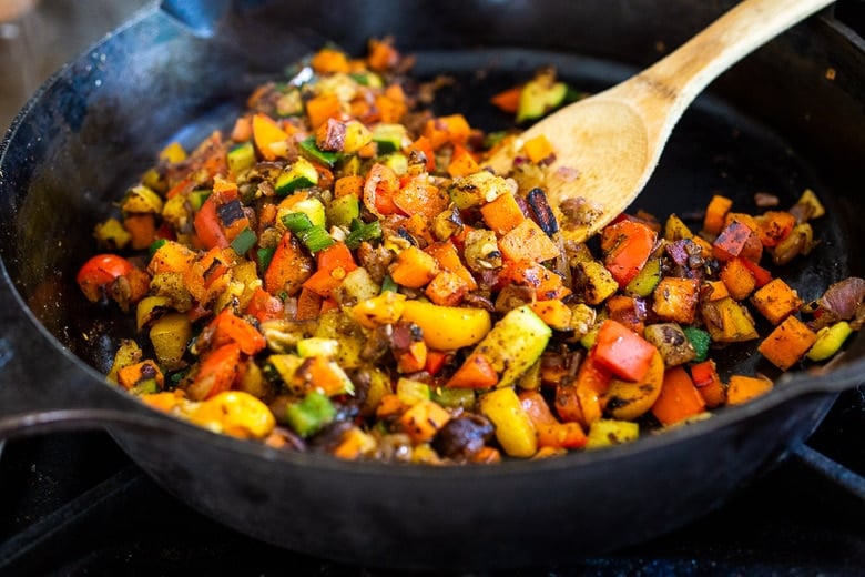 seasoned veggies in the pan