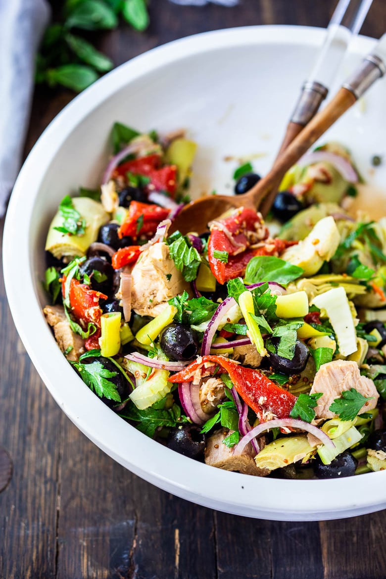 This Tuna Antipasto Salad is made with Pantry ingredients, fresh veggies, and lots of herbs, tossed in a simple Italian dressing. Low Carb!