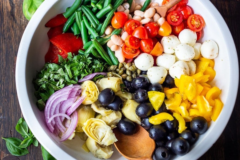 antipasto salad ingredients in a bowl