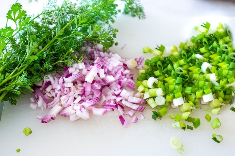 chopped onion and scallions with cilantro on the side