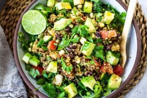 Southwest Black Bean Quinoa Salad with corn, tomatoes. cilantro, lime and avocado.