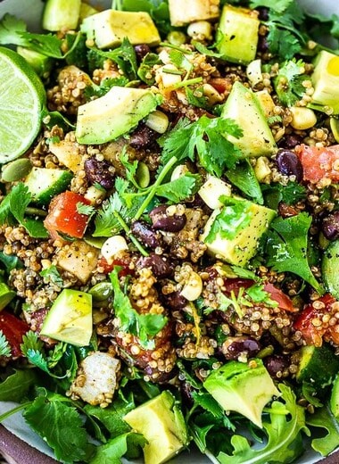 Southwest Black Bean Quinoa Salad with corn, tomatoes. cilantro, lime and avocado.