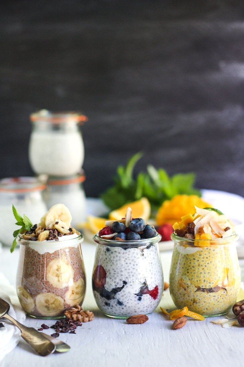  Chia Pudding with Greek Yogurt with three flavor variations! A healthy make-ahead breakfast that is fast and easy to make. Vegan adaptable!