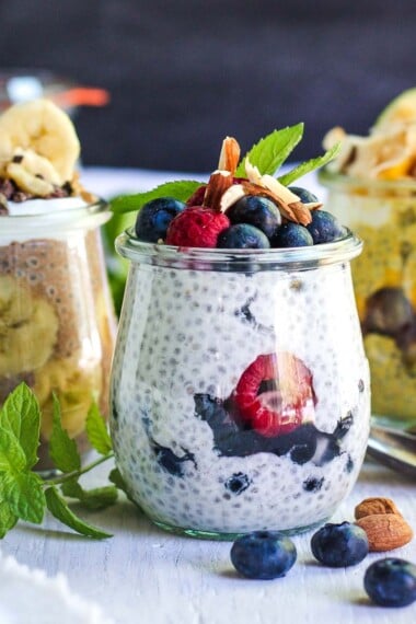 This recipe for Chia Pudding is made with Greek Yogurt is deliciously creamy, totally healthy, and very quick and easy to make.  The perfect make-ahead breakfast to grab on the go.
