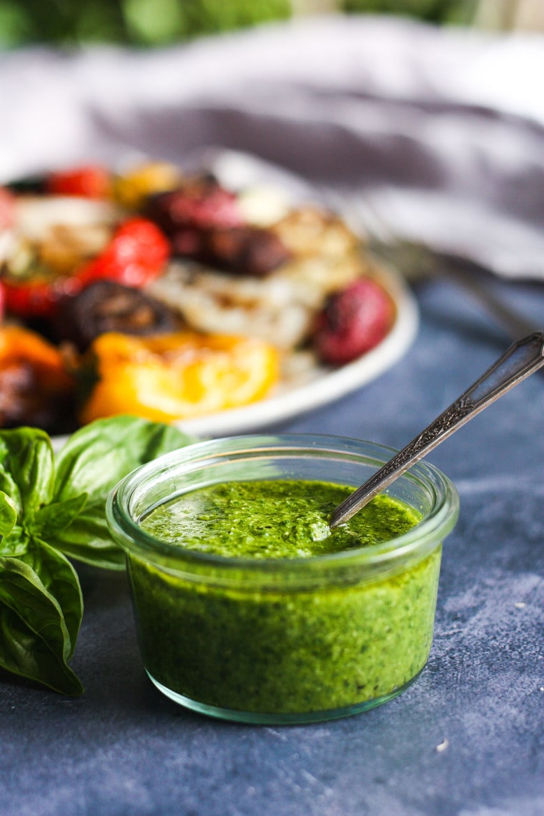 pesto in a jar with grilled veggies