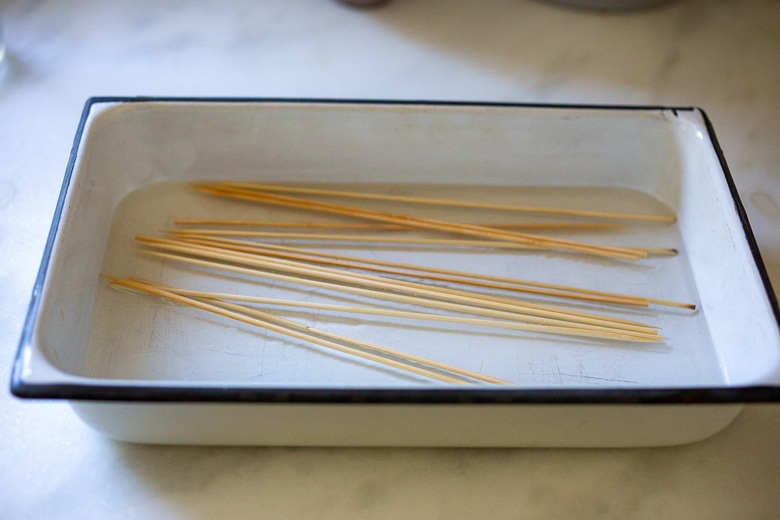 wood skewers soaking in water