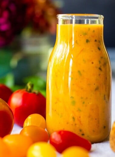 This summery recipe for Tomato Vinaigrette is delicious on salads, or spooned over fish or chicken, or even used as a marinade for grilling!  #tomatovinaigrette