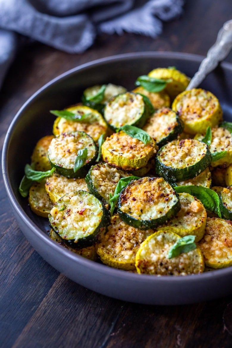 Crispy Baked Zucchini with Pecorino and basil- a delicious side dish that highlights summer zucchini! 