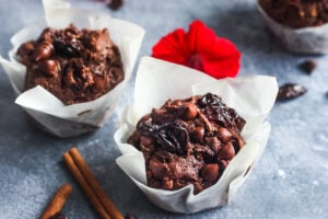 Double Chocolate Zucchini Muffins with Dried Cherries have a hint of spice and are richly satisfying -a delicious treat with a bit of healthy tucked inside!