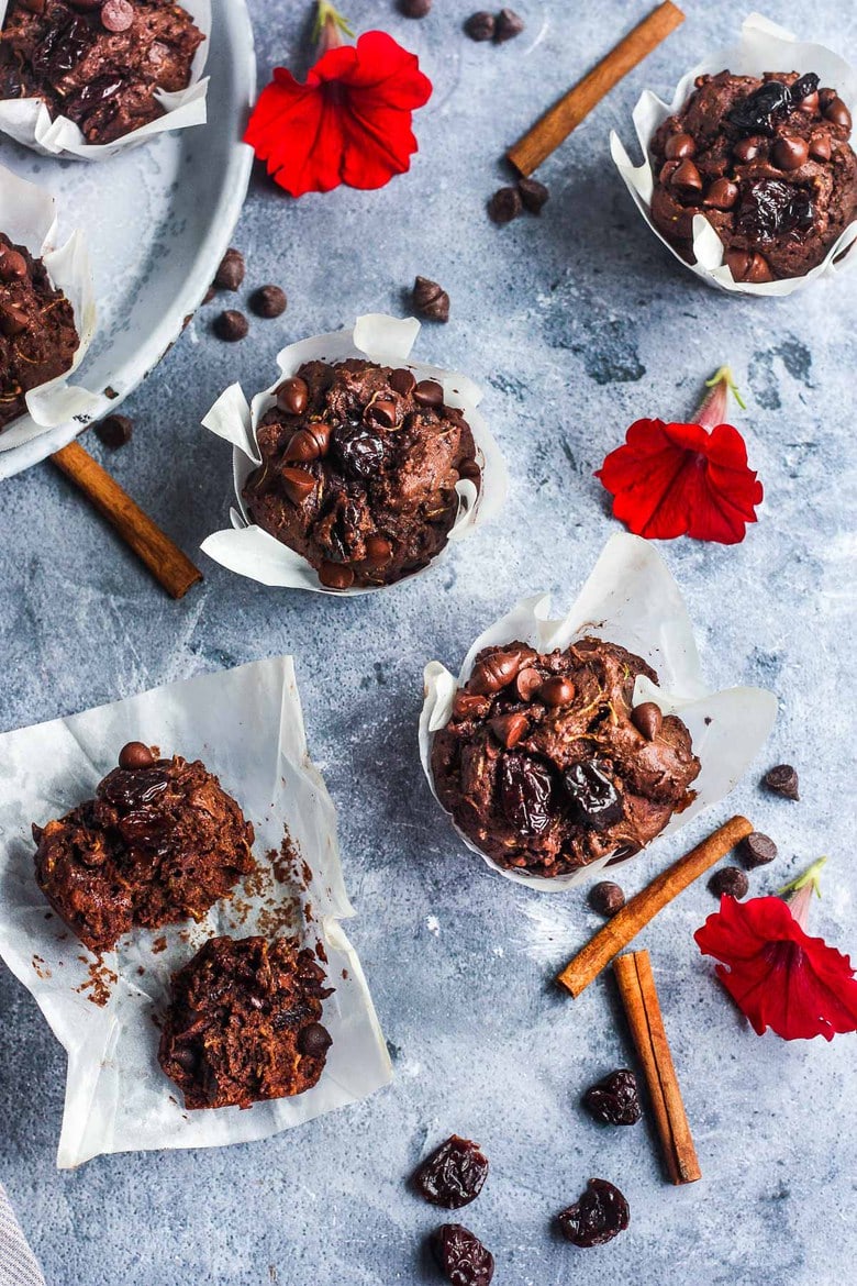 Double Chocolate Zucchini Muffins with Dried Cherries have a hint of spice and are richly satisfying -a delicious treat with a bit of healthy tucked inside!