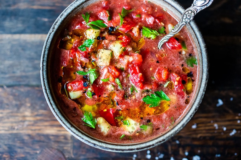 chunky gazpacho in a bowl