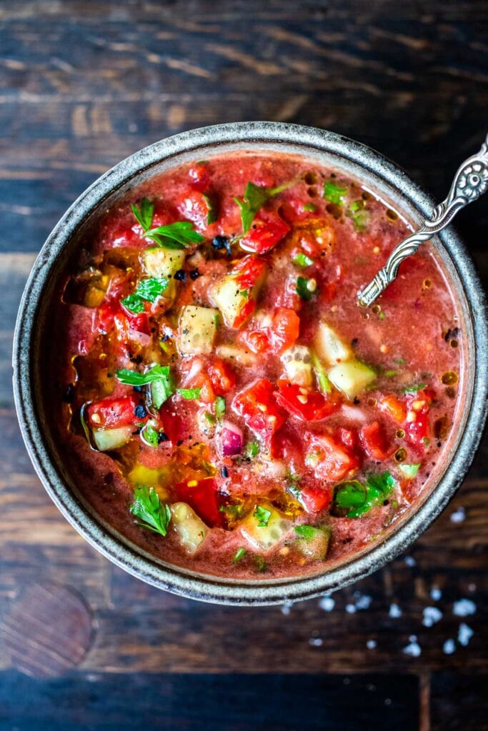 Chunky Gazpacho soup in a bowl