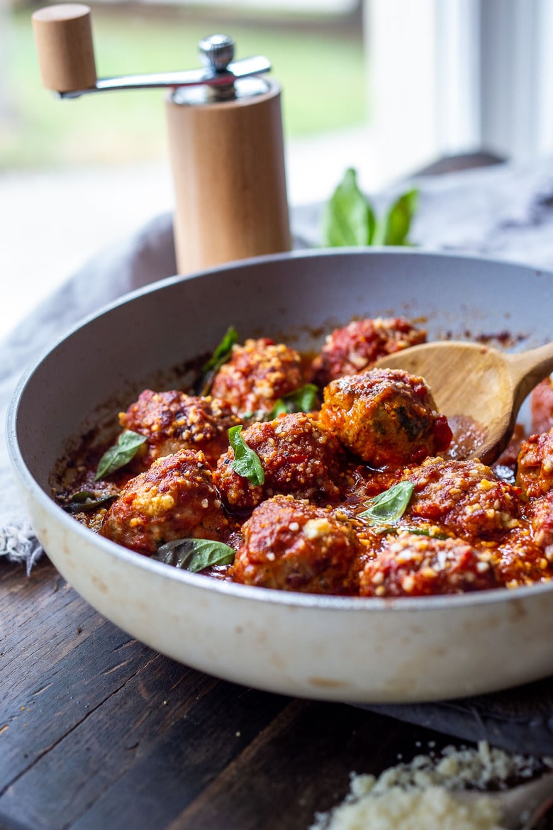 Italian Turkey Meatballs with Sun-dried Tomato and Basil, baked and simmered in Marinara Sauce