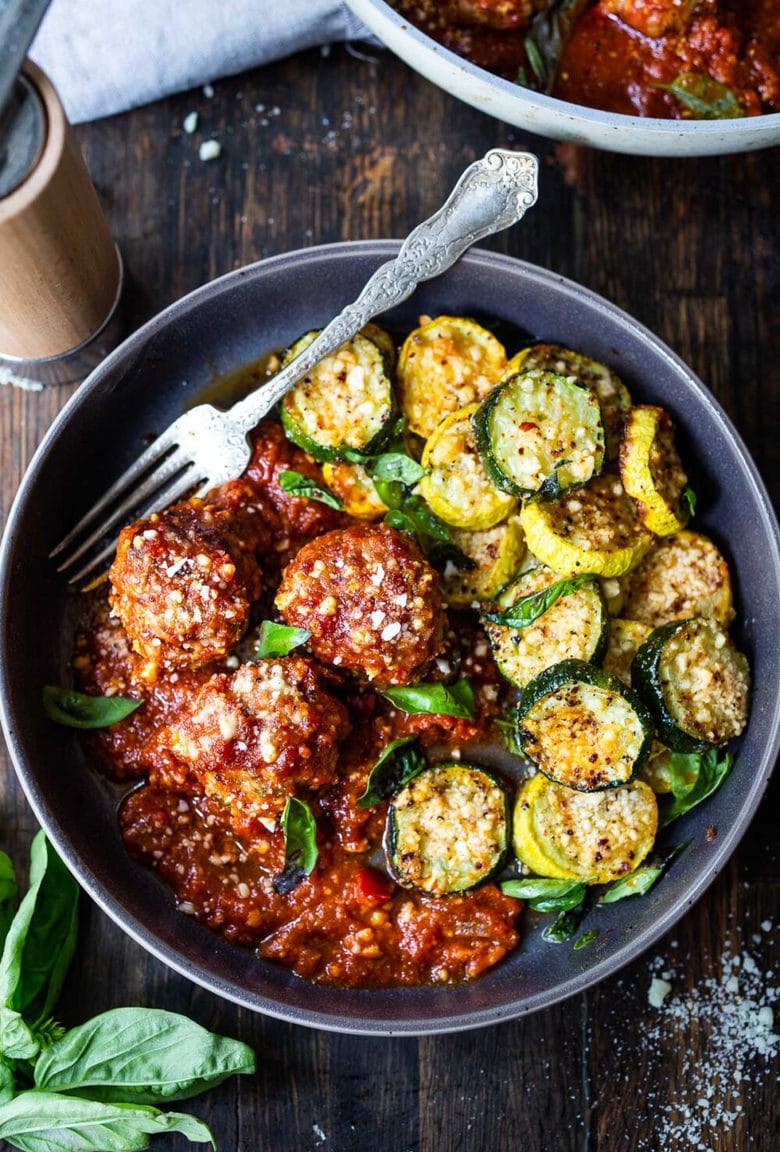 The Best Turkey Meatballs with Sun-dried Tomato and Basil can be baked in the oven or pan-seared on the stovetop. Simmer them in your favorite marinara sauce for a few minutes, then serve over pasta or with veggies, for a quick healthy weeknight meal