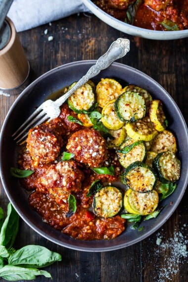 The Best Turkey Meatballs with Sun-dried Tomato and Basil can be baked in the oven or pan-seared on the stovetop. Simmer them in your favorite marinara sauce for a few minutes, then serve over pasta or with veggies, for a quick healthy weeknight meal