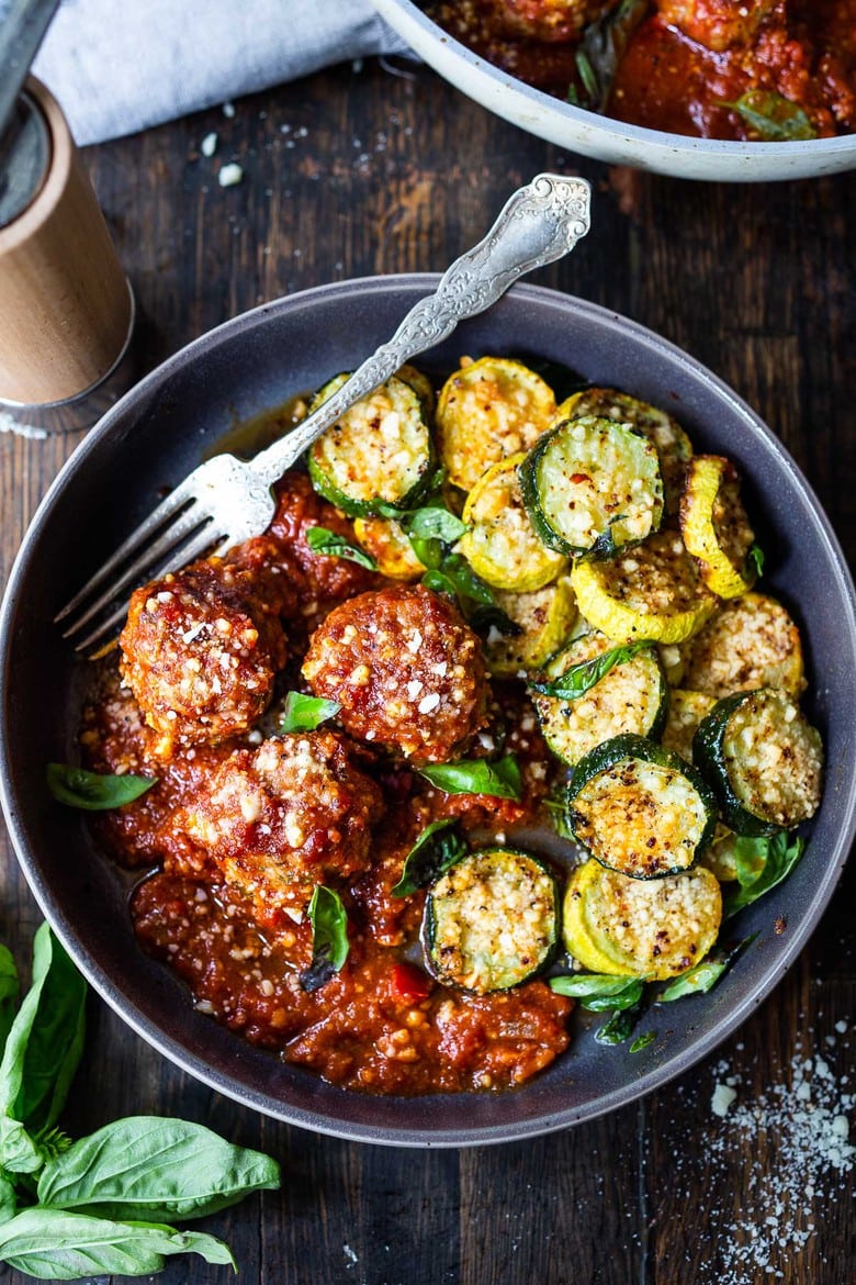 Italian-inspired Turkey Meatballs with Sun-dried Tomato and Basil can be baked in the oven or pan-seared on the stovetop. Simmer them in your favorite marinara sauce for a few minutes, then serve over pasta or with veggies, for a quick healthy weeknight meal