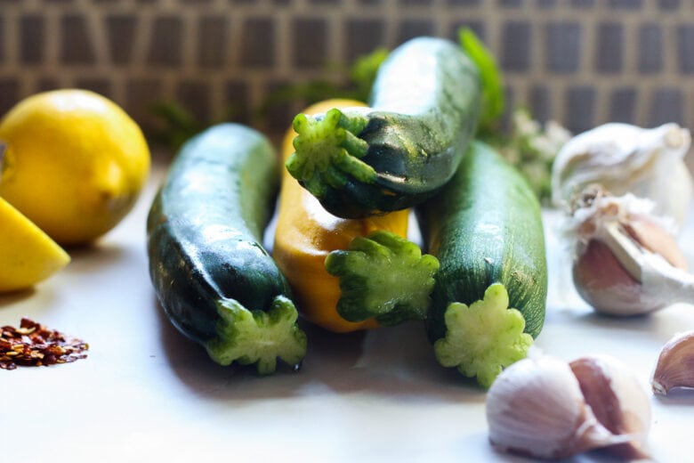 ingredients in pickled zucchini recipe.