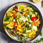 Sautéed Zucchini Ribbons with lemon zest, garlic and chili flakes. A quick and simple side dish- delicious with grilled protein for dinner or try it with eggs for breakfast. Keep it vegan or jazz it up with cheese.