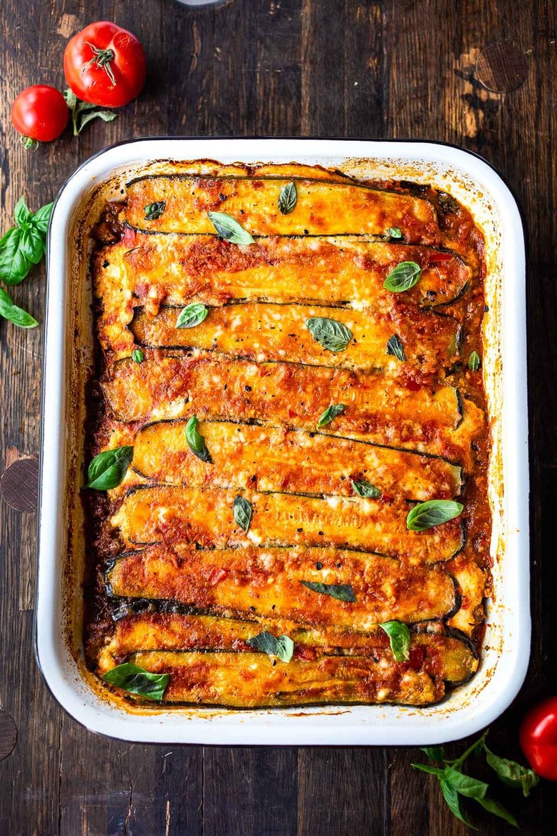 The finished dish: Baked Zucchini Lasagna, made without noodles for a low carb, keto version of one of our favorite meals!