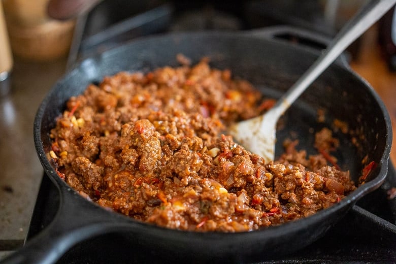 the meat sauce or bolognese sauce in the pan