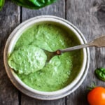 Creamy Pesto Dressing is a rich and vibrant compliment to so many dishes.  Simple to make with just 5 ingredients.  Perfect for pasta salads, sandwiches and dip.  Vegan adaptable.