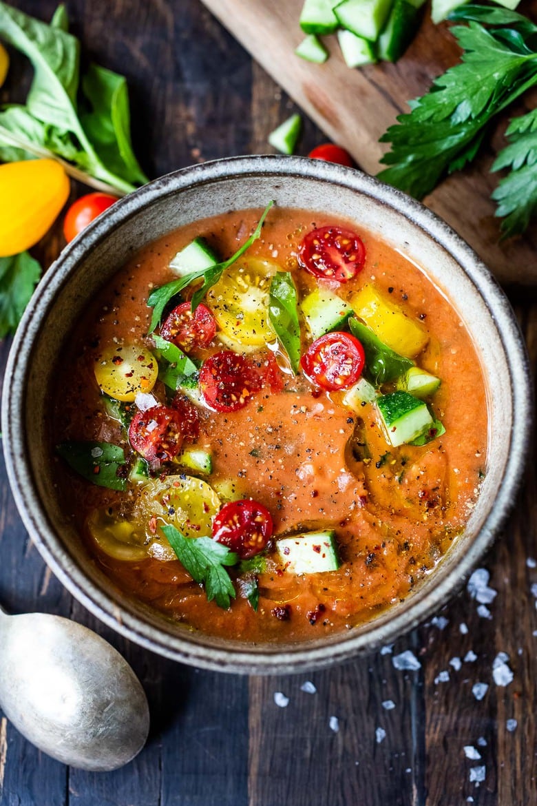 A quick and easy recipe for Gazpacho, a chilled, no-cook, Spanish soup highlighting ripe and juicy summer tomatoes. 