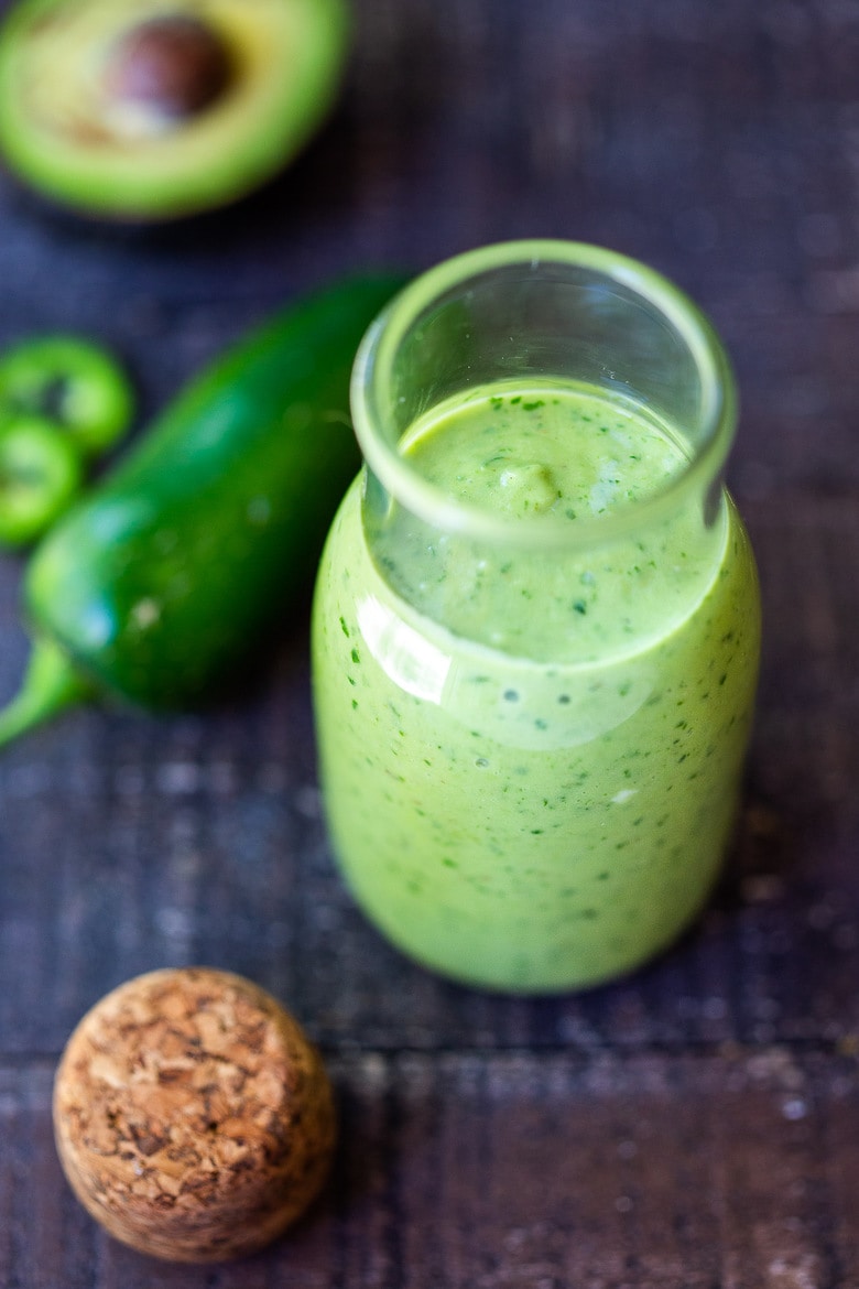  Avocado Dressing with cilantro, lime, and jalapeno- creamy and vegan, a delicious addition to salads, bowls, tacos, enchiladas, and burritos that can be made in 5 minutes.