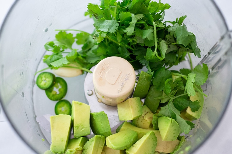 avocado, cilantro, garlic, jalapeno in a blender