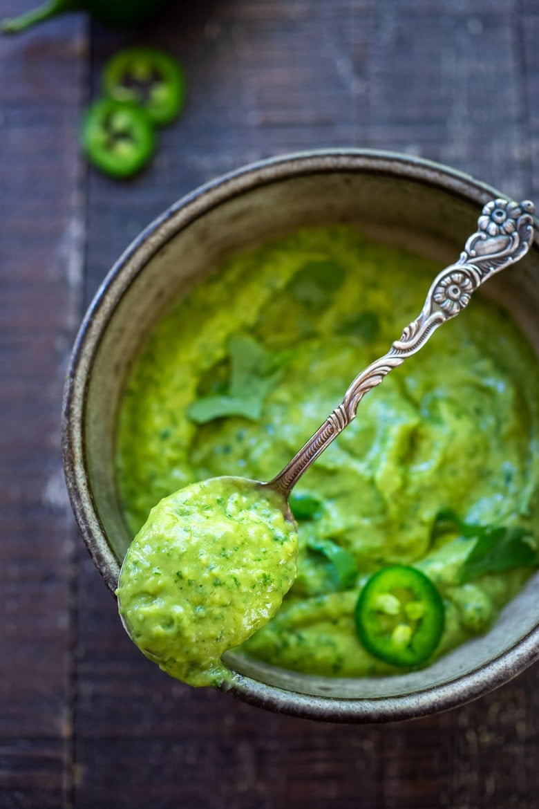 Avocado sauce in a bowl. 