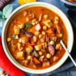 Harvest Vegetable Soup with Roasted Tomato Broth and Chickpeas is brimming with color and nutrients. Adaptable, Vegan and Gluten-Free!