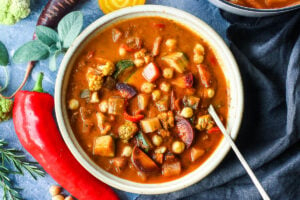Harvest Vegetable Soup with Roasted Tomato Broth and Chickpeas is brimming with color and nutrients. Adaptable, Vegan and Gluten-Free!