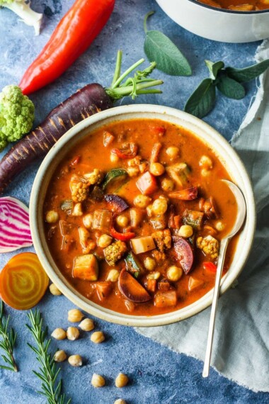 Harvest Vegetable Soup with Roasted Tomato Broth and Chickpeas is brimming with color and nutrients. Adaptable, Vegan and Gluten-Free!
