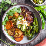 Healthy and flavorful Mexican Rice made with brown rice, topped with sheet-pan roasted yams, red onions, and shishito peppers. Top with pickled jalapeños and pumpkin seeds for a comforting delicious vegan meal. #mexicanrice