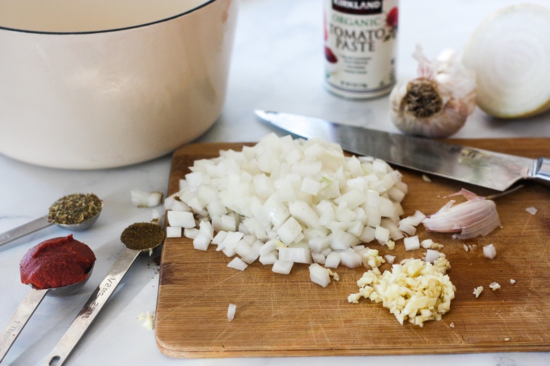 prepping ingredients for Mexican rice 