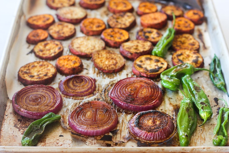 roasted yams, onions and peppers