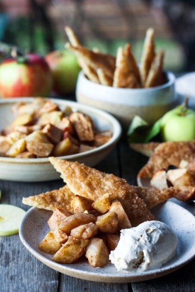 Easy Apple Pie is made with spiced roasted apples and pie crust cookies.  A quicker way to make pie with all the comforting flavors and a guaranteed flakey crispy crust.  