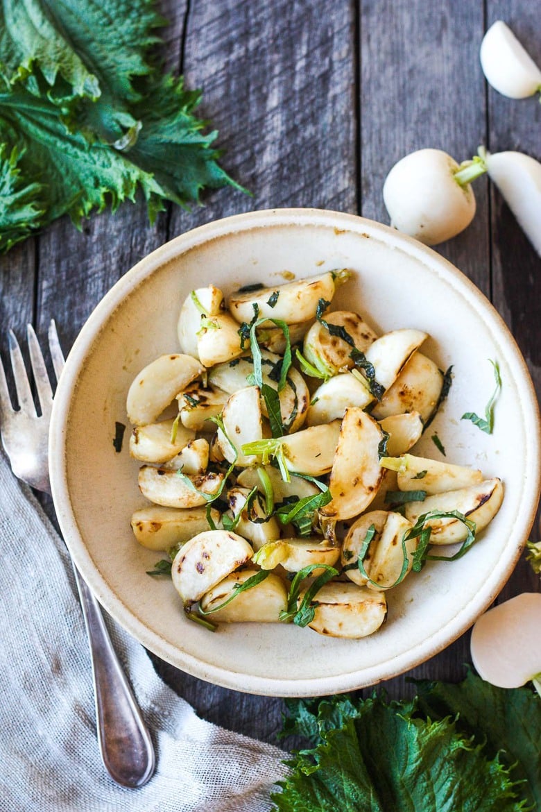 Pan-seared Hakurei Turnips, tossed with a flavorful ginger miso glaze.  A simple and addicting appetizer or side dish.  Vegan and GF.