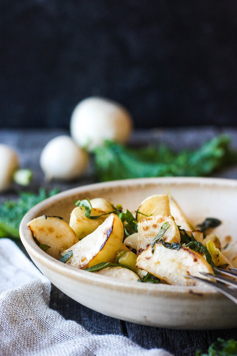 Pan-seared Hakurei Turnips, tossed with a flavorful ginger miso glaze.  A simple and addicting appetizer or side dish.  Vegan and GF. #turnips 