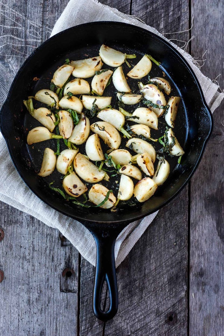 Pan-seared Hakurei Turnips, tossed with a flavorful ginger miso glaze.  A simple and addicting appetizer or side dish.  Vegan and GF. #turnips 