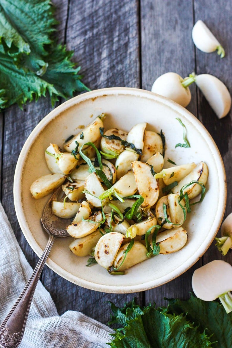 Pan-seared Hakurei Turnips, tossed with a flavorful ginger miso glaze.  A simple and addicting appetizer or side dish.  Vegan and GF. #turnips