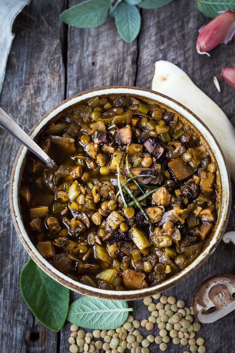 This recipe for Mushroom Lentil Stew with Fennel and Sage is earthy, hearty and richly spiced.  Delicious and vegan!